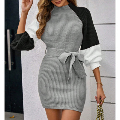 Color Block Sweater Dress - Midi Bodycon with Tie Waist
