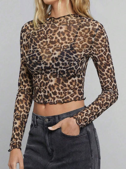 Leopard Mock Neck Long Sleeve Sheer Top