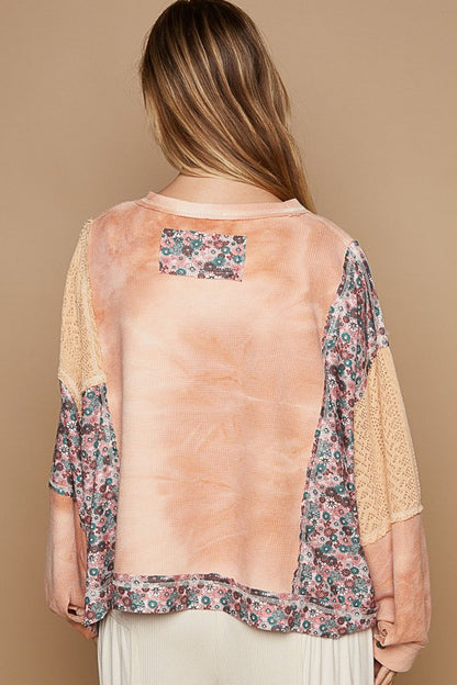 Sherbet Floral Patchwork Round Neck Knit Top