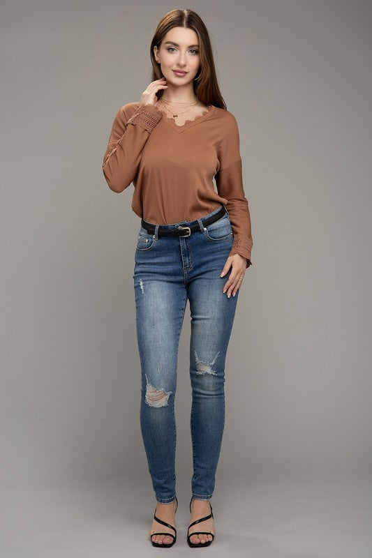 Lace Trim Brown V-Neck Long Sleeve Top