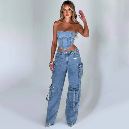 Low Waist Three-dimensional Tube Top and Pocket Stitching Cargo Jeans