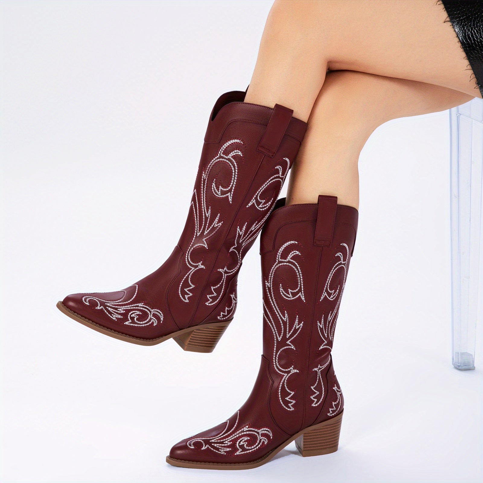 Pointed Toe Chunky 2.5" Heel Mid-Calf Boots with Hand-Stitched Navajo Embroidery