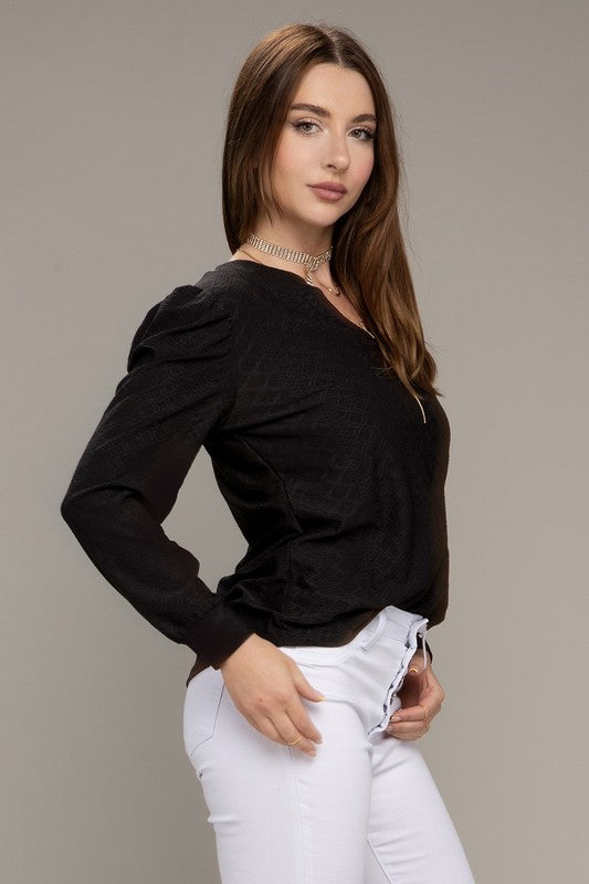 Black Long Sleeve Notched Neck Jacquard Top