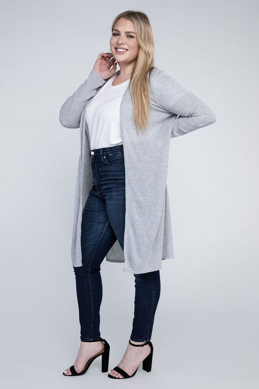 Plus Open Front Side Slit Everyday Long Cardigan