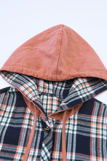 Pink Contrast Hooded Drawstring Plaid Shacket