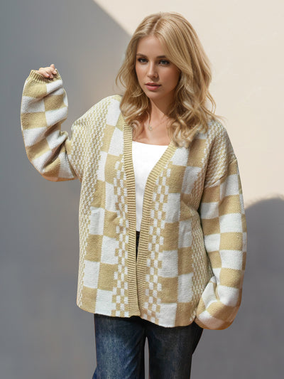 Double Take Checkered Open Front Dropped Shoulder Cardigan - Fashions Envy