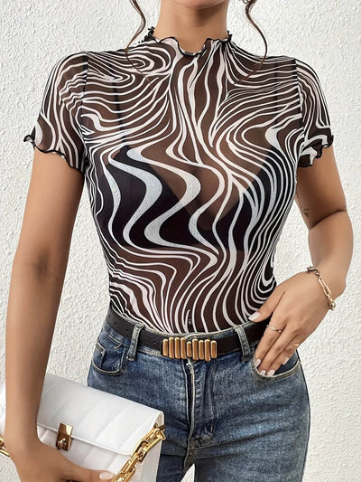 Psychedelic Wave Print Mock Neck T-Shirt - Mesh Statement Top - Fashions Envy