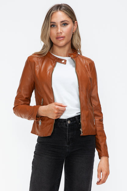 Camel Faux Leather Zip Up Drawstring Hooded Jacket