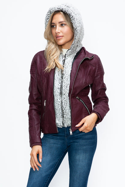 Wine Faux Layered Double-Zipper Jacket with Fuzzy Hood