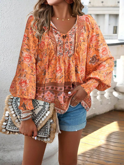 Bohemian Blouse - Floral Print Tie Neck - Fashions Envy