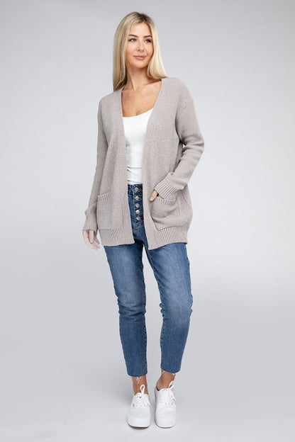 Melange Open Front Sweater Cardigan with Front Pockets