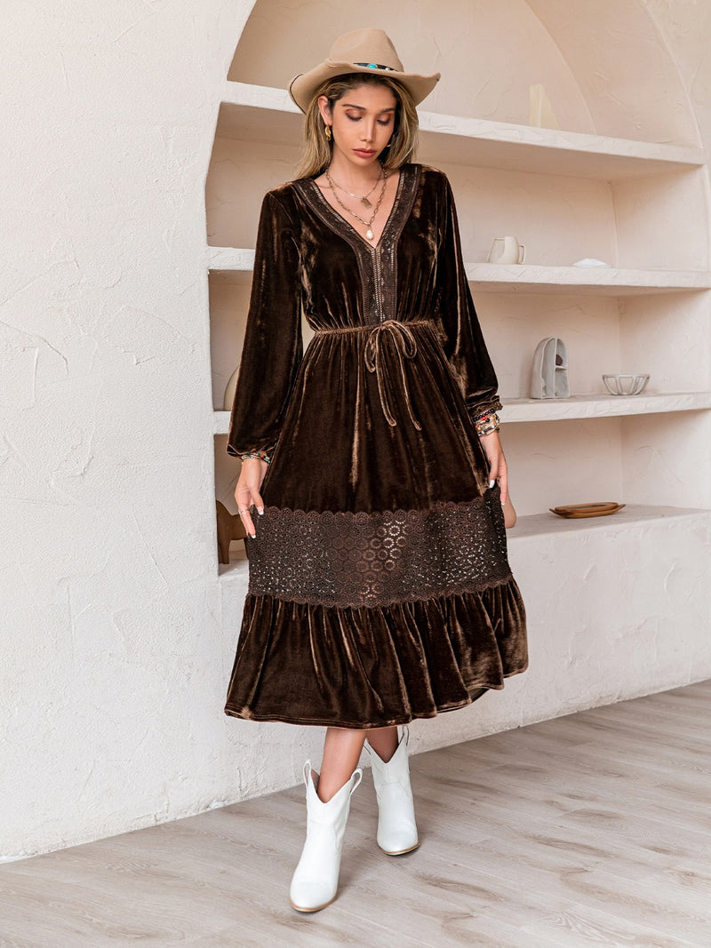 Chocolate Drawstring V-Neck Crochet Dress