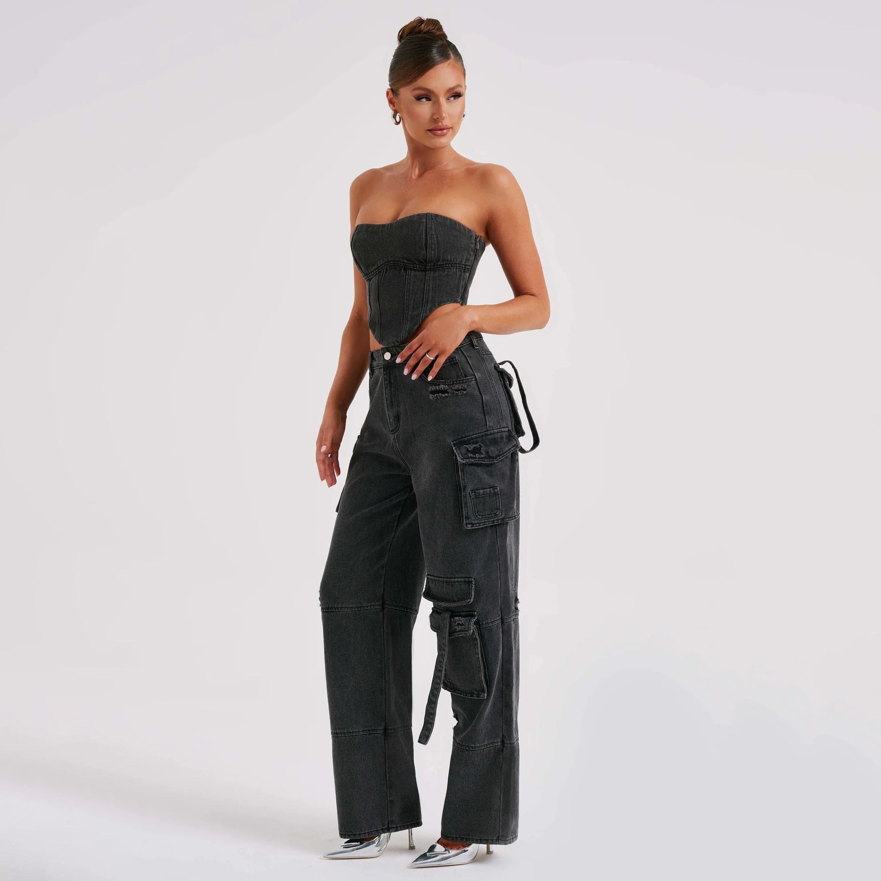 Low Waist Three-dimensional Tube Top and Pocket Stitching Cargo Jeans