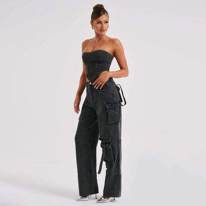 Low Waist Three-dimensional Tube Top and Pocket Stitching Cargo Jeans