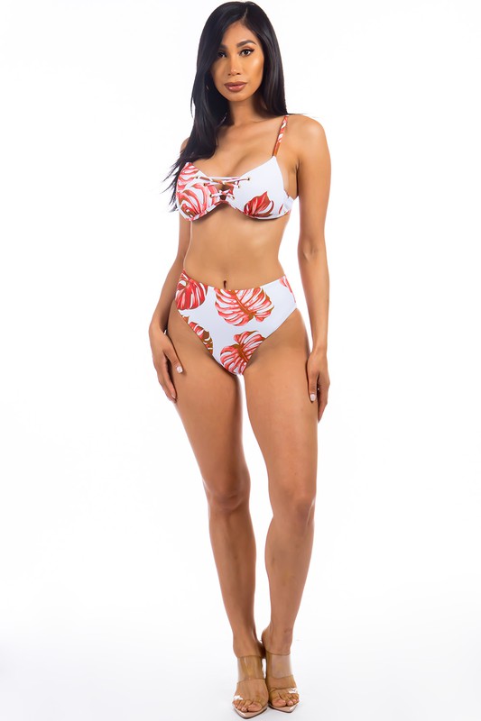 Two Piece Tropical Leave Print Bikini