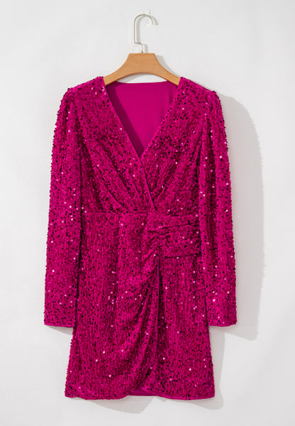 Deep Rose Sequin Surplice Long Sleeve Mini Dress