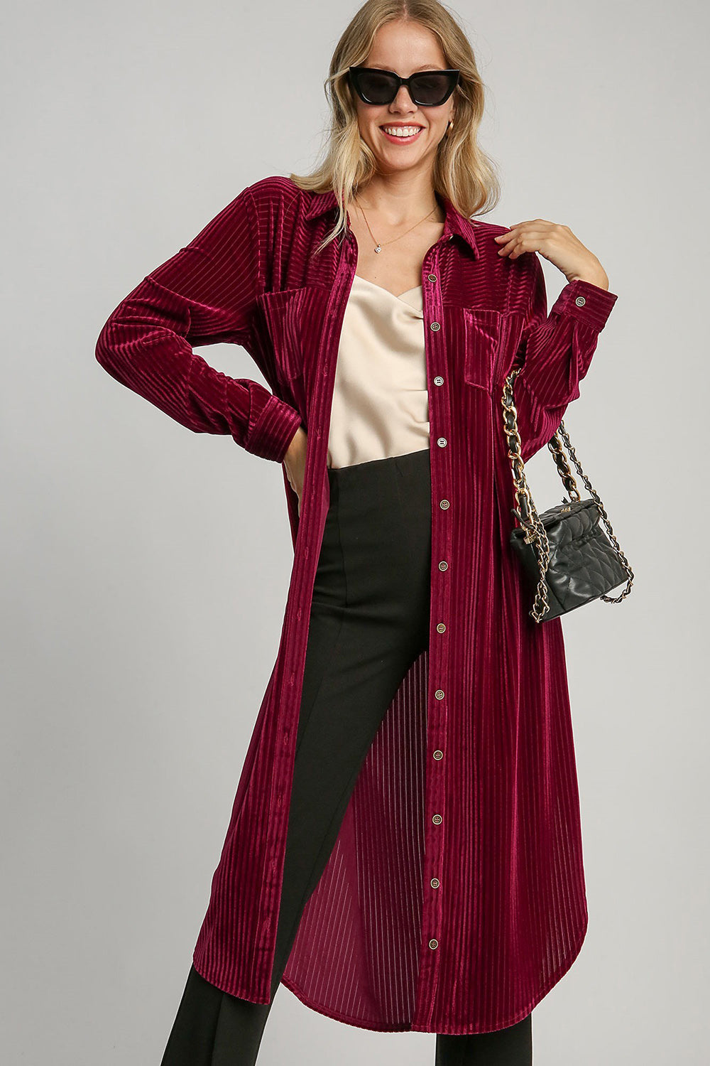 Burgundy Texture Curved Hem Button Down Shirt Dress