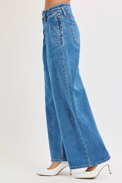 RISEN Wide Leg Jeans - Mid Rise Pleated Detail - Fashions Envy