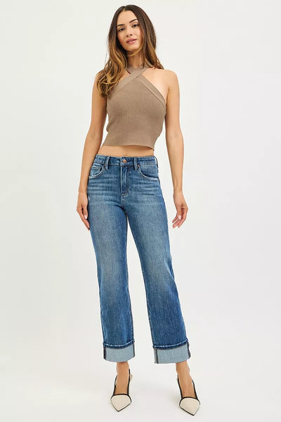 RISEN Slouchy Straight Jeans - 4-Way Stretch Cuffed Hem - Fashions Envy