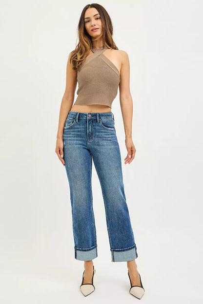 RISEN Slouchy Straight Jeans - 4-Way Stretch Cuffed Hem - Fashions Envy