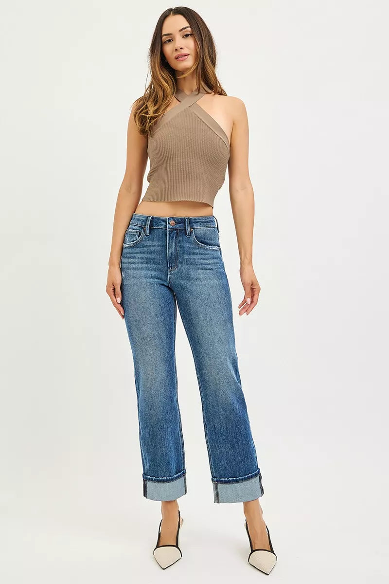 RISEN Slouchy Straight Jeans - 4-Way Stretch Cuffed Hem - Fashions Envy