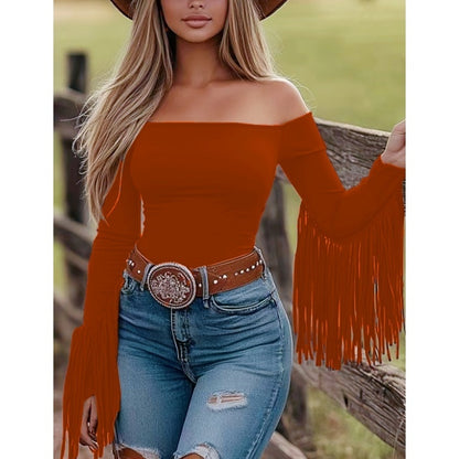 Western Cowgirl Off-Shoulder Fringe Slim Fitted Top