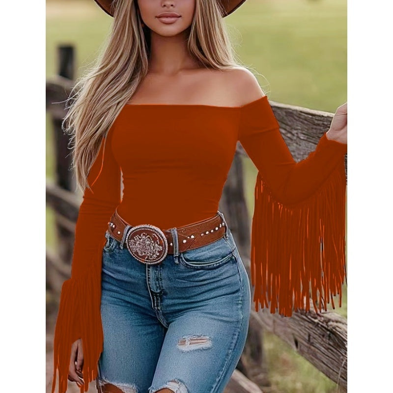 Western Cowgirl Off-Shoulder Fringe Slim Fitted Top
