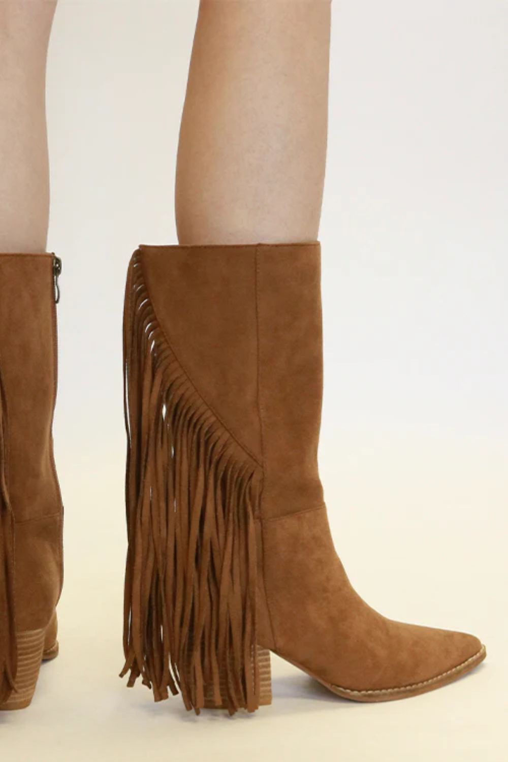 Coffee Suede Fringe Point Toe Boots