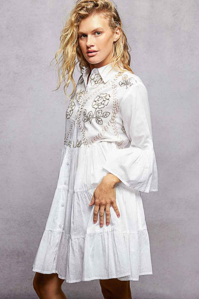 POL Floral Sequin Embroidered Mini Tiered Shirt Dress