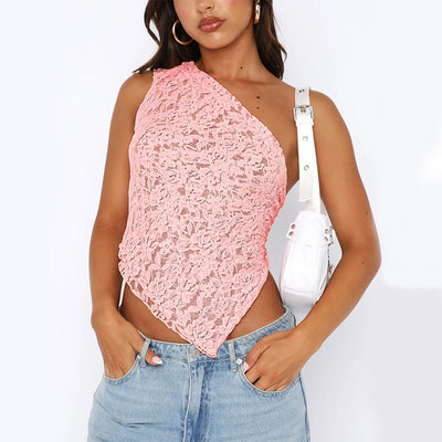 Lace Backless Tank Top - Asymmetrical Sloped Neck