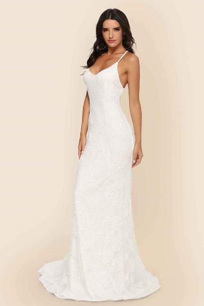 V-Neck Wedding Dress - Elegant Trailing Bridal Gown - Fashions Envy