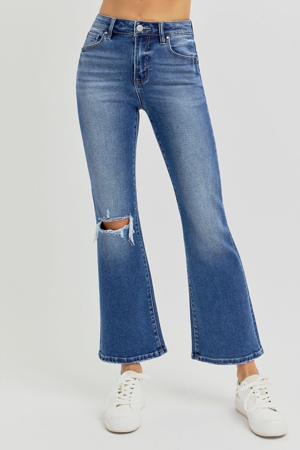 Full Size Distressed High Rise Crop Flare Risen Jeans