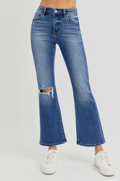 Full Size Distressed High Rise Crop Flare Risen Jeans