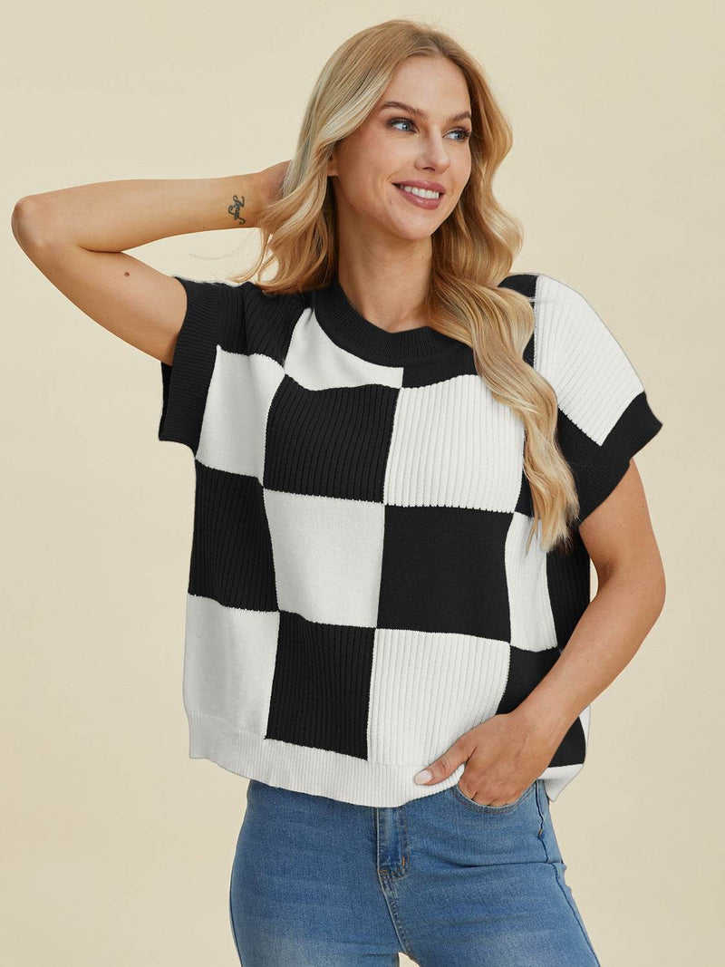 Double Take Full Size Checkered Round Neck Short Sleeve Sweater - Fashions Envy