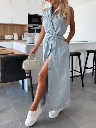 Button Front Sleeveless Denim Dress - Fashions Envy