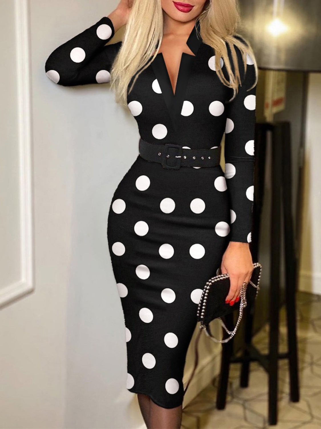 Printed Notched Long Sleeve Wrap Midi Dress