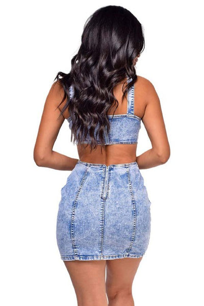 Sleeveless Halter Denim Mini Dress with Side Cut Outs