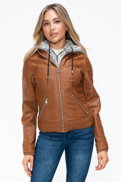 Camel Faux Layered Double-Zipper Jacket with Fuzzy Hood