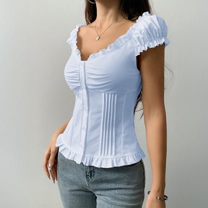 Off-Shoulder Ruffle Top - Button-Front Pleated Blouse