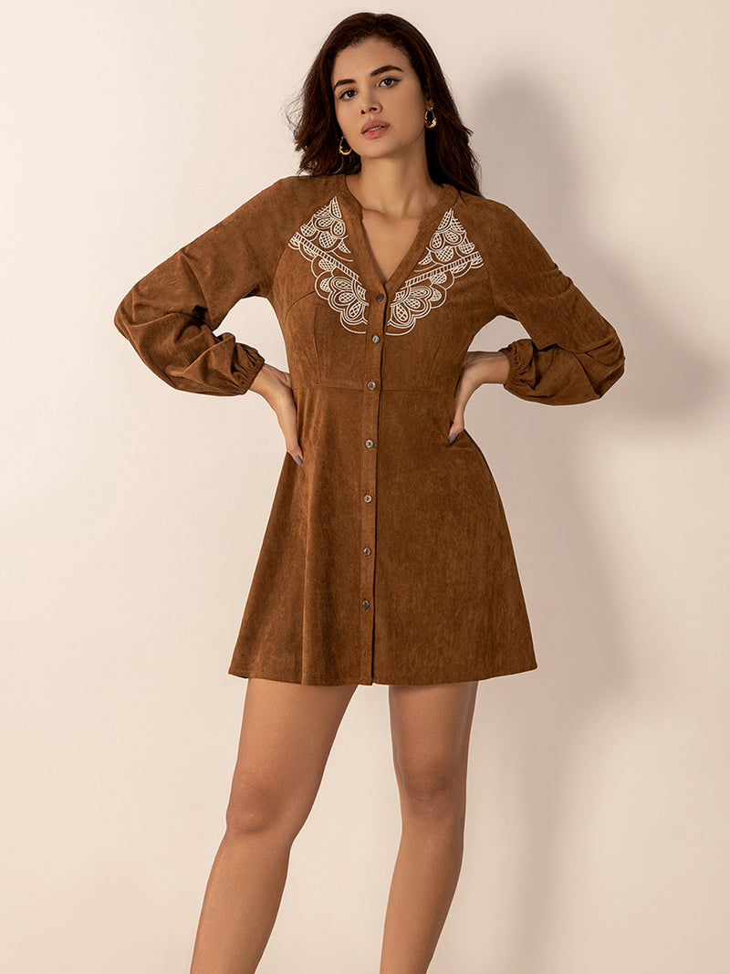 Caramel Notched Button Down Long Sleeve Mini Dress