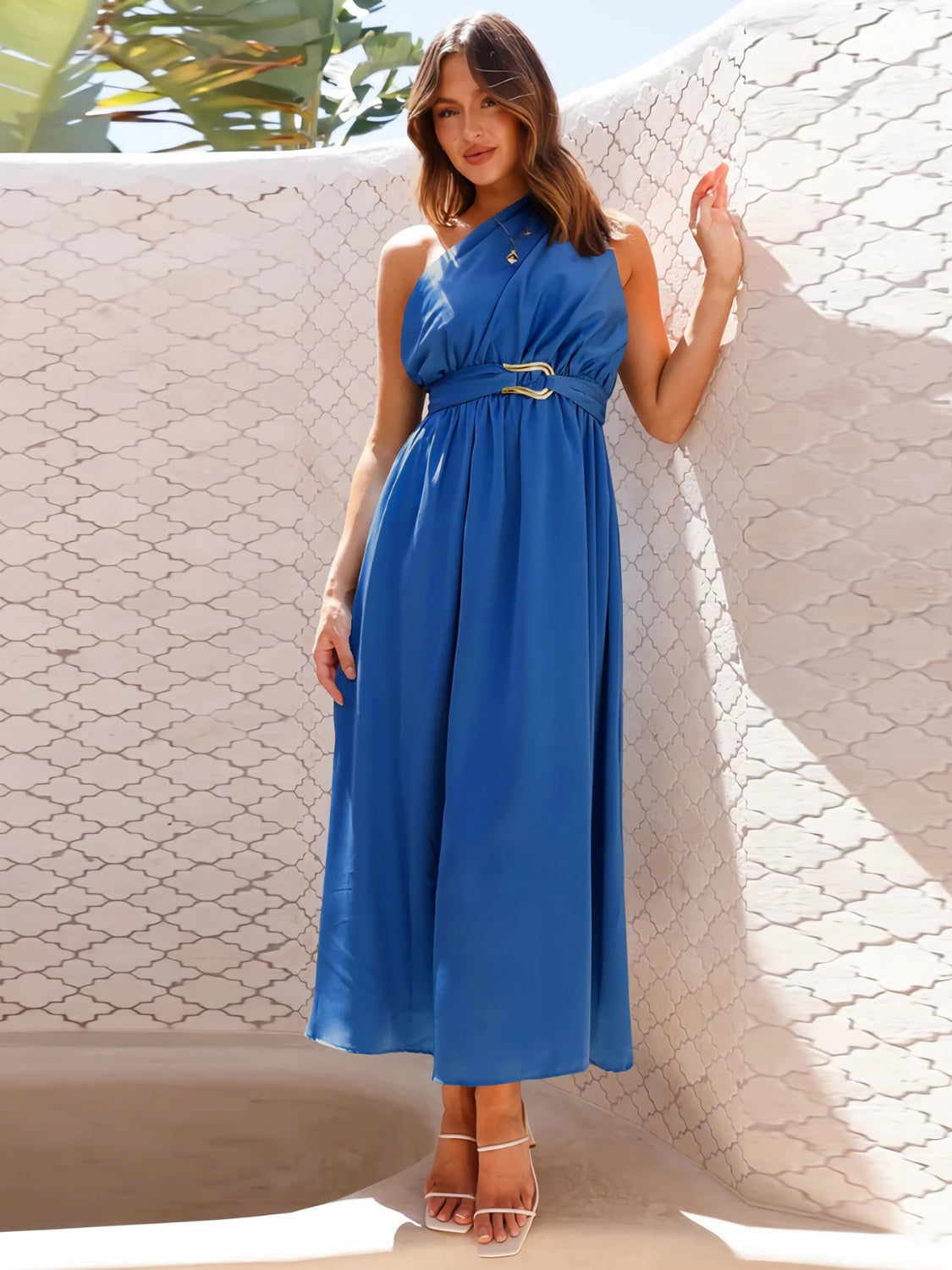 Ruched Single Shoulder Belted Midi Dress