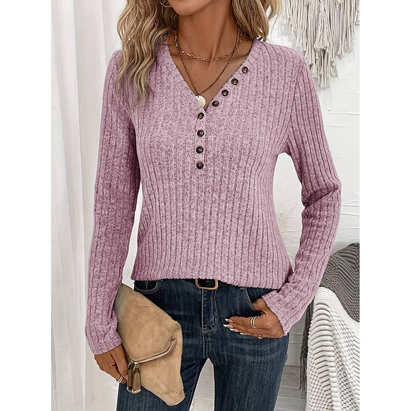 Ribbed V-Neck Tunic - Slim Fit Button-Down Top