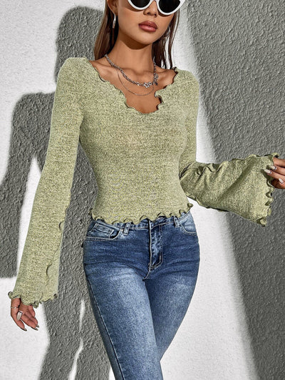 Frayed Flare Sleeve Top - Elegant Grass Green