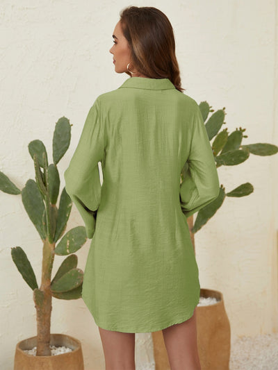 Matcha Green Collared Neck Long Sleeve Mini Shirt Dress
