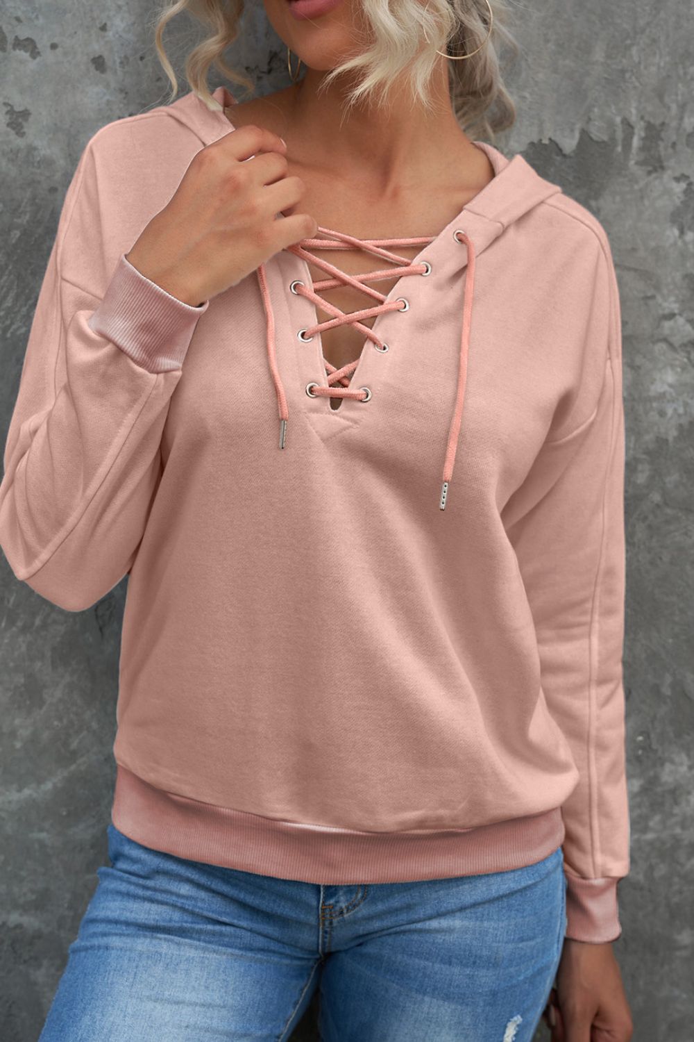 Lace Up V-neck Long Sleeve Hoodie