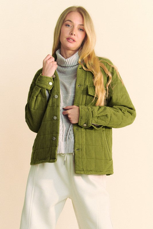 Yellow-Green Quilted Button Down Shacket with Chest Pockets