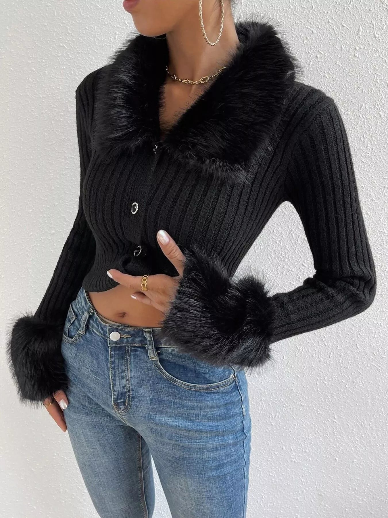 Faux Fur Trim Ribbed Knit Cropped Cardigan - Fashions Envy