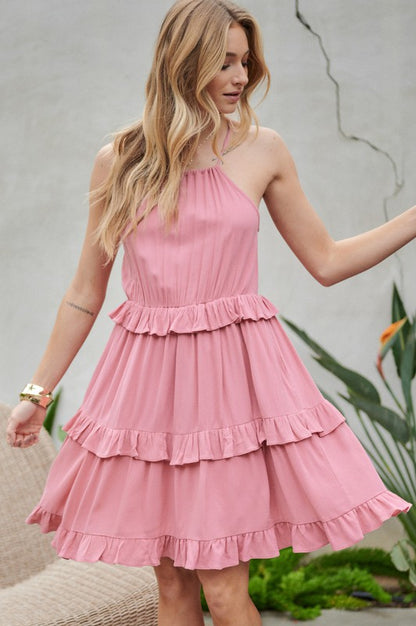 Square Neck Solid Ruffle Sleeveless Mini Dress