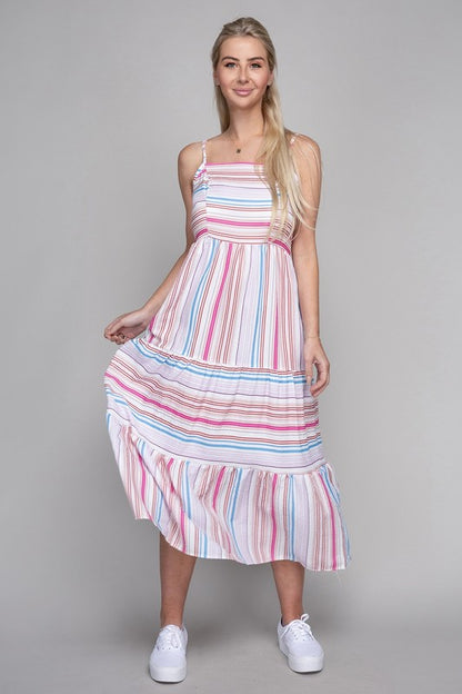 Striped Print Ruffle Hem Cami Midi Dress