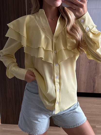 Ruffled V-Neck Blouse - Tiered Collar Chiffon Top